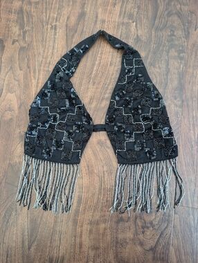 Nasty Gal 6 Women's Black Beaded Fringe Halter Scarf -Tassel Crop Top